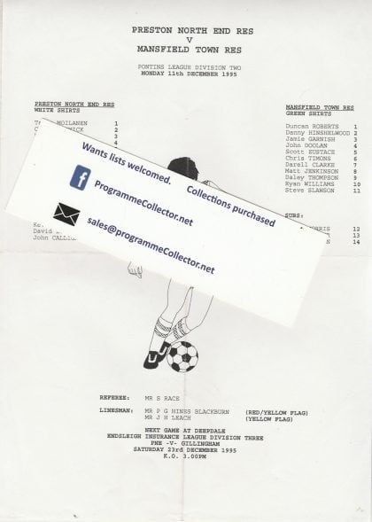 Preston North End Reserves v Mansfield Town Reserves  11-Dec-1995