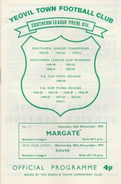 Yeovil Town v Margate 25-Nov-1972