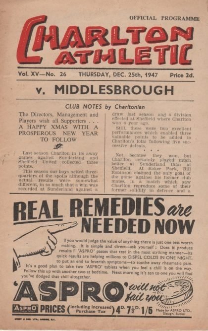 Charlton Athletic v Middlesbrough  25-Dec-1947