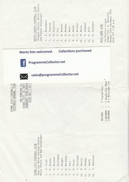 Stoke City Reserves v Notts County Reserves  19-Nov-1992