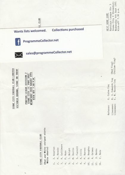 Stoke City Reserves v Port Vale Reserves  28-Aug-1991