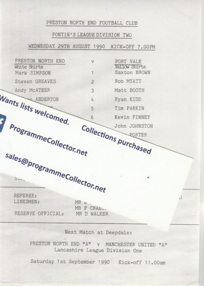 Preston North End Reserves v Port Vale Reserves  29-Aug-1990