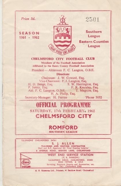 Chelmsford City v Romford 17-Feb-1962