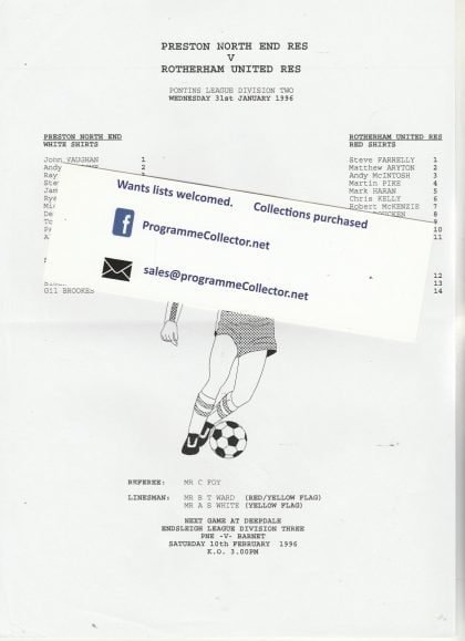 Preston North End Reserves v Rotherham United Reserves  31-Jan-1996