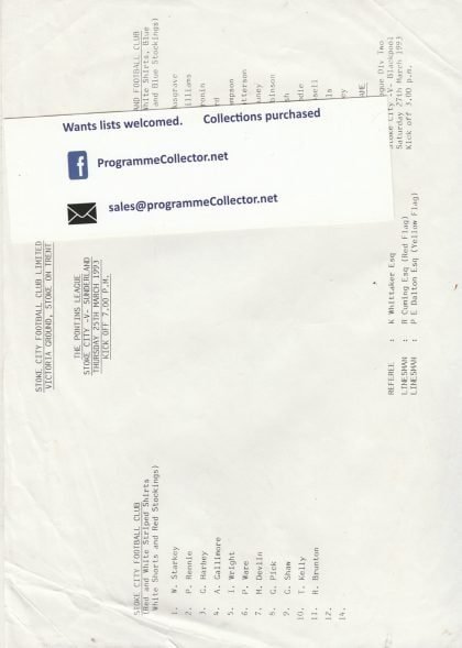 Stoke City Reserves v Sunderland Reserves  25-Mar-1993