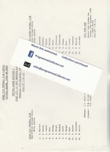 Stoke City Reserves v West Bromwich Albion Reserves  13-Dec-1989