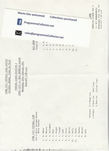 Stoke City Reserves v West Bromwich Albion Reserves  20-Feb-1991