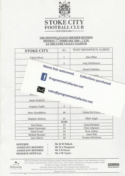 Stoke City Reserves v West Bromwich Albion Reserves  07-Feb-2000
