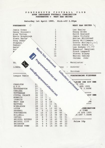Portsmouth Reserves v West Ham United Reserves 01-Apr-1995