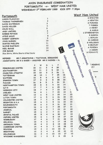Portsmouth Reserves v West Ham United Reserves 02-Feb-1999