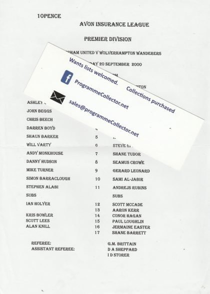Rotherham United Reserves v Wolverhampton Wan Reserves 20-Sep-2000