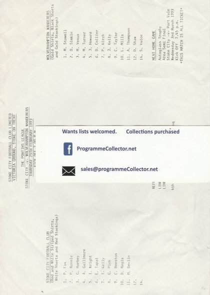 Stoke City Reserves v Wolverhampton Wanderers Reserves  25-Feb-1993