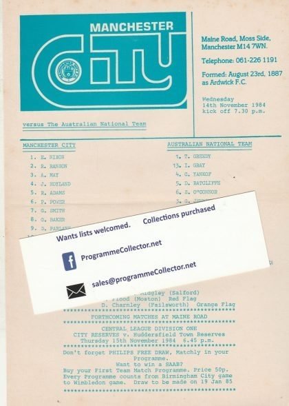 Manchester City v Australian National Team  14-Nov-1984