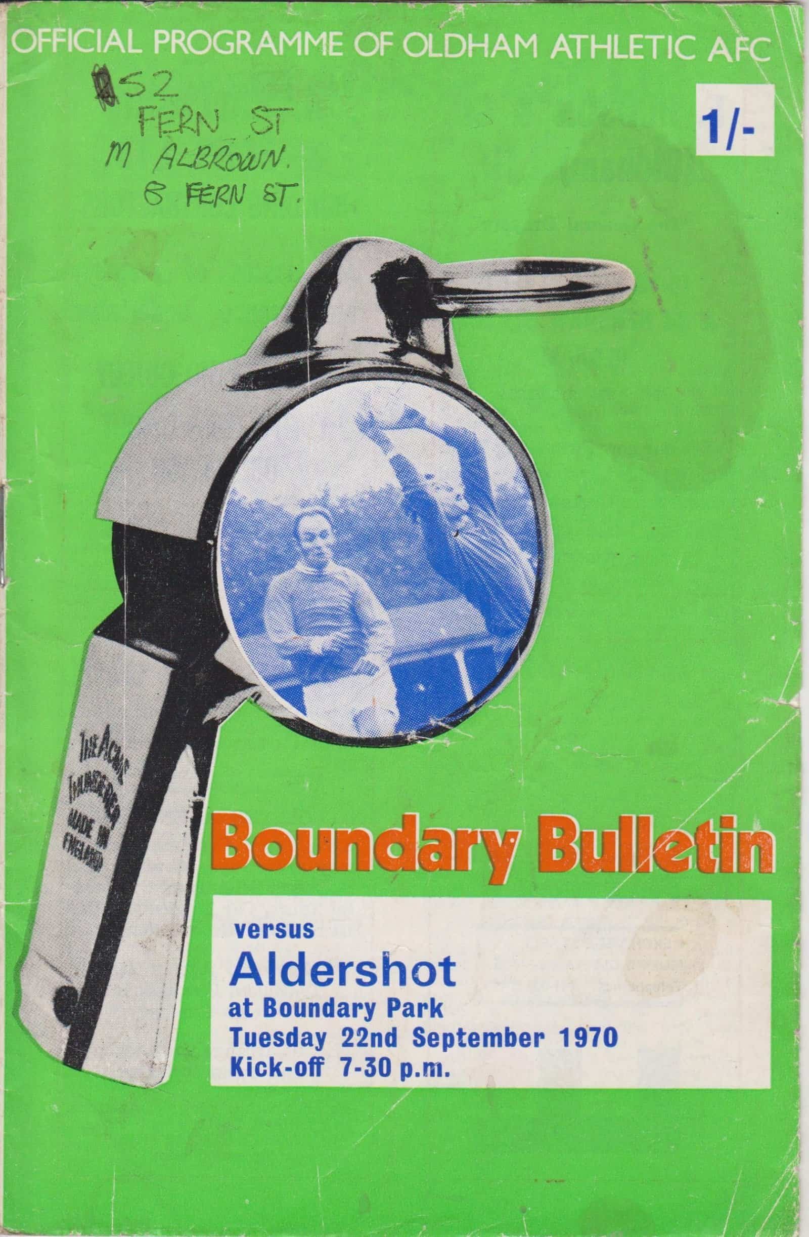 Oldham Athletic v Aldershot 22-Sep-1970