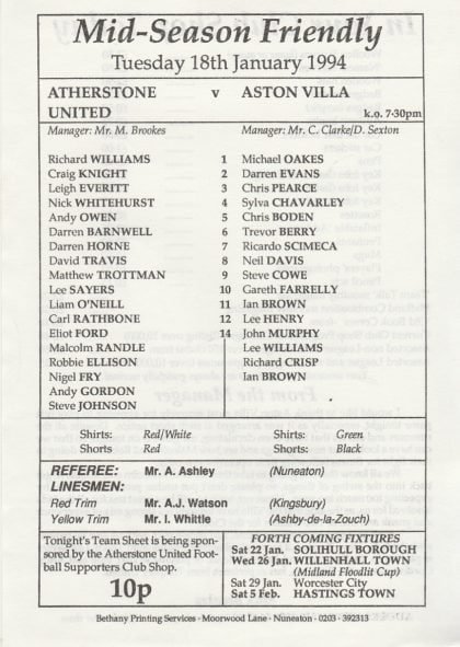 Atherstone United v Aston Villa 18-Jan-1994