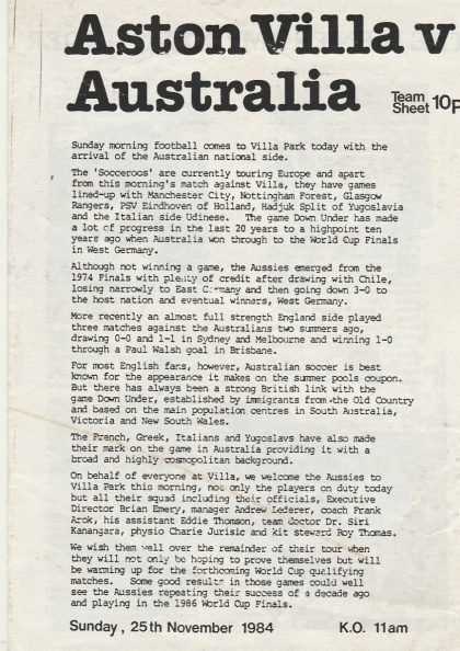 Aston Villa v Australia  25-Nov-1984