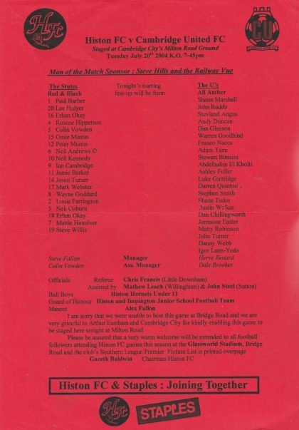 Histon v Cambridge United 20-Jul-2004