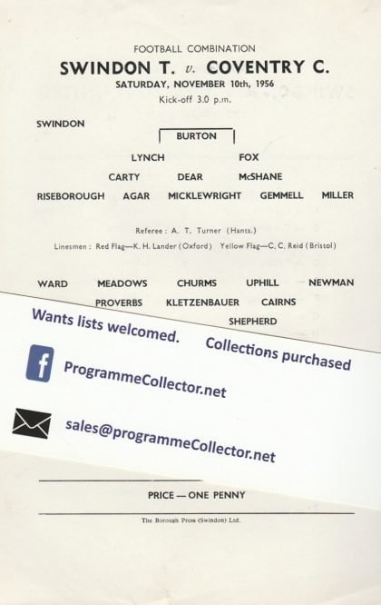 Swindon Town Reserves v Coventry City Reserves 10-Nov-1956