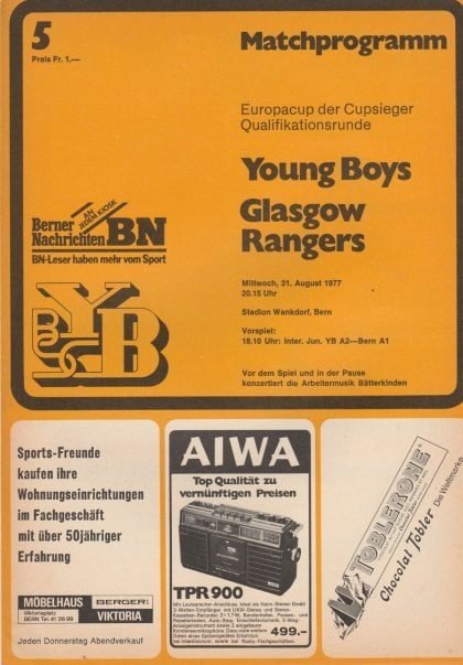 Young Boys Berne v Glasgow Rangers  31-Aug-1977