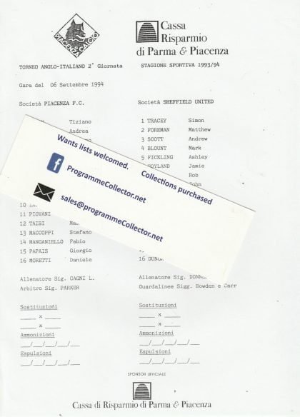 Piacenza v Sheffield United  06-Sep-1994