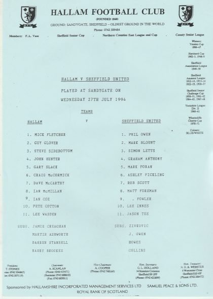 Hallam v Sheffield United 27-Jul-1994