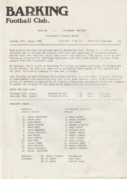 Barking v Tottenham Hotspur 10-Aug-1982