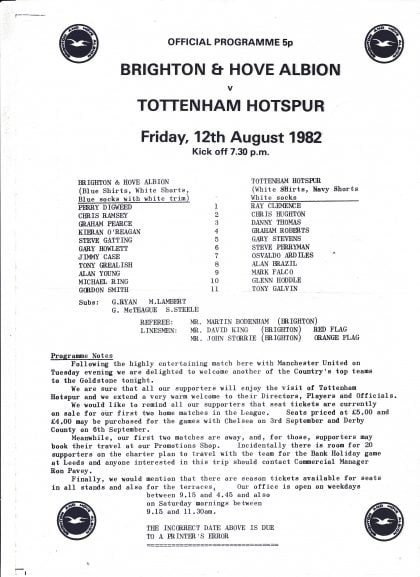 Brighton and Hove Albion v Tottenham Hotspur 12-Aug-1982