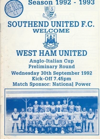 Southend United v West Ham United 30-Sep-1992