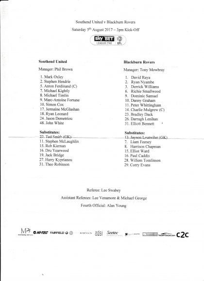 Southend United v Blackburn Rovers   05-Aug-2017