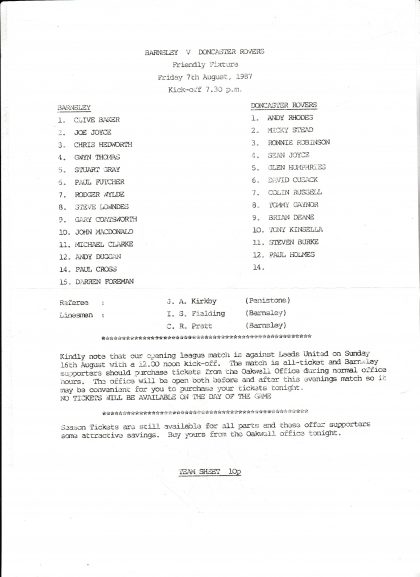 Barnsley v Doncaster Rovers 07-Aug-1987