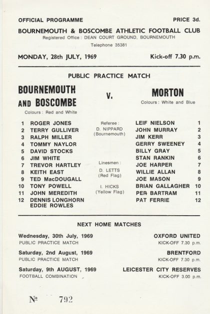 Bournemouth & Boscombe Athletic v Greenock Morton 28-Jul-1969