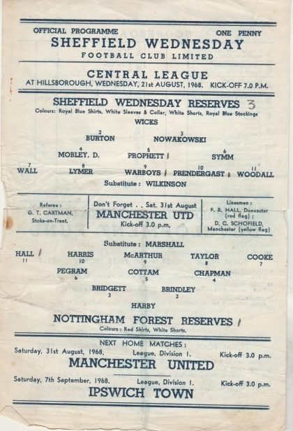 Sheffield Wednesday Reserves v Nottingham Forest Reserves 21-Aug-1968