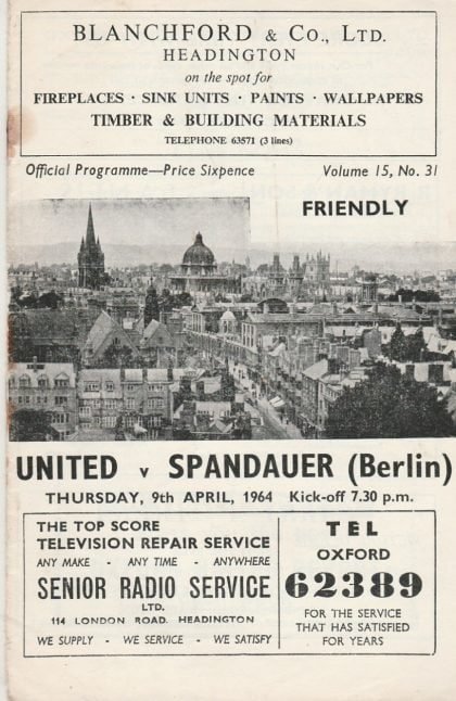 Oxford United v Spandaur (Berlin)  09-Apr-1964