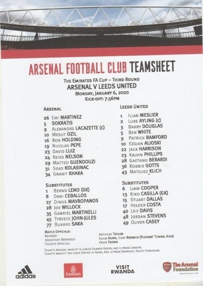 Arsenal v Leeds United 06-Jan-2020