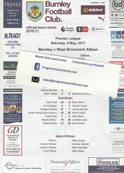 Burnley v West Bromwich Albion  06-May-2017