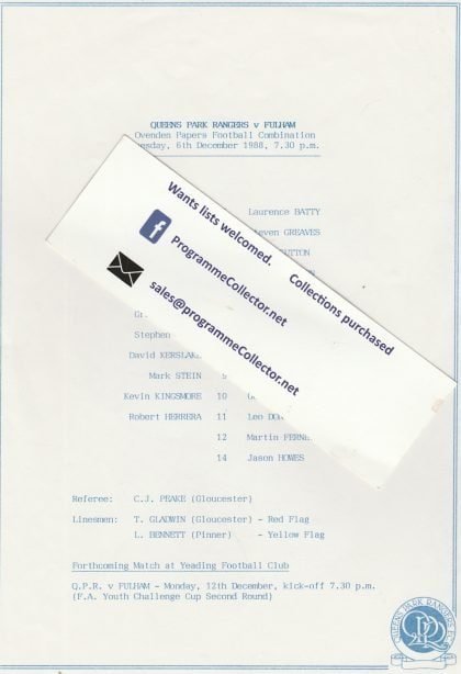 Queens Park Rangers Reserves v Fulham Reserves   06-Dec-1988