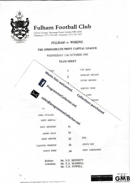 Fulham Reserves v Woking Reserves  11-Oct-1995