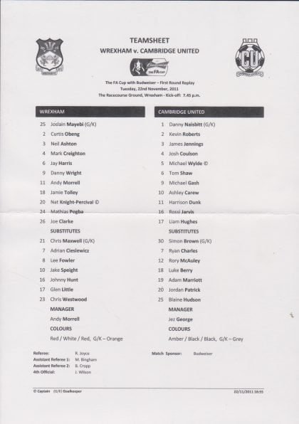 Wrexham v Cambridge United 22-Nov-2011