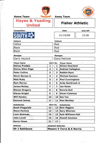 Hayes & Yeading United v Fisher Athletic 21-Oct-2008