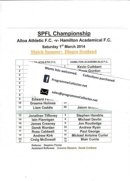 Alloa Athletic v Hamilton Academicals  01-Mar-2014