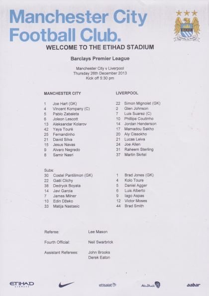 Manchester City v Liverpool   26-Dec-2013