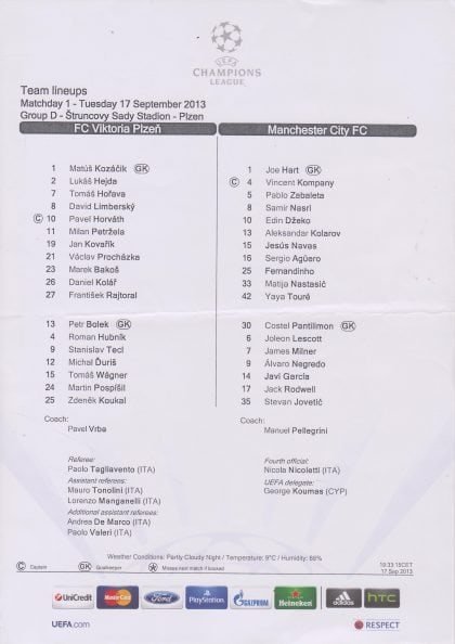 Viktoria Plzen v Manchester City 17-Sep-2013