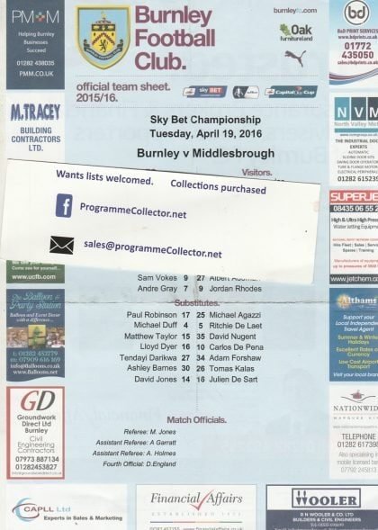 Burnley v Middlesbrough 19-Apr-2016