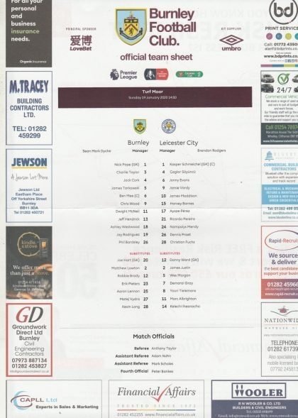 Burnley v Leicester City  19-Jan-2020