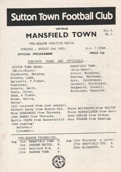 Sutton Town v Mansfield Town 02-Aug-1983