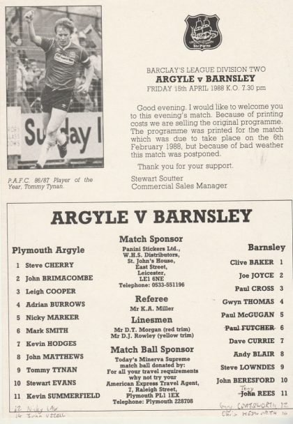 Plymouth Argyle v Barnsley 15-Apr-1988