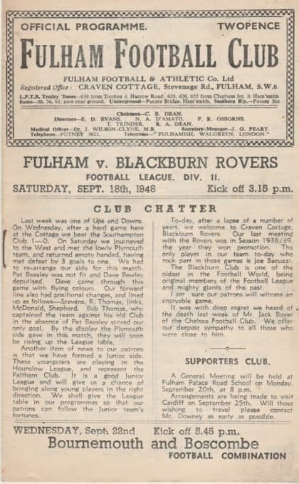 Fulham v Blackburn Rovers  18-Sep-1948
