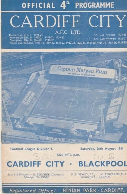 Cardiff City v Blackpool 26-Aug-1961