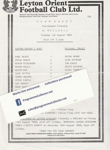 Leyton Orient v Millwall  01-Aug-1989