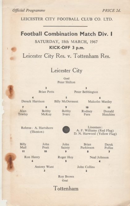 Leicester City Reserves v Tottenham Hotspur Reserves 18-Mar-1967